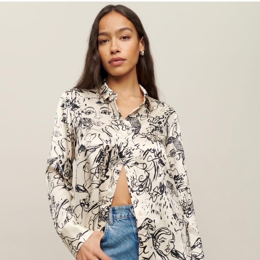 NWT Reformation Sky Long-Sleeve Silk Top Abstract Doodle Vogue XS
